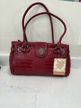 Rosetti Red Faux Crocodile Embossed Organizer Shoulder Bag with Braided Straps